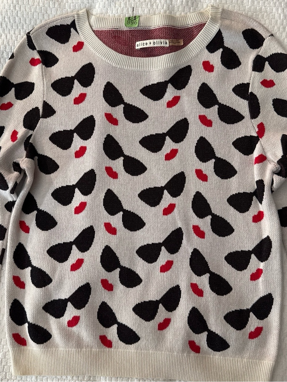 Alice + Olivia Cream Crewneck Sweater with Black Sunglasses & Red Lip Motif